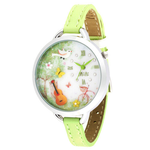 Guitar Garden Theme Fashion Watch | Bird Bicycle Flower Green Analog