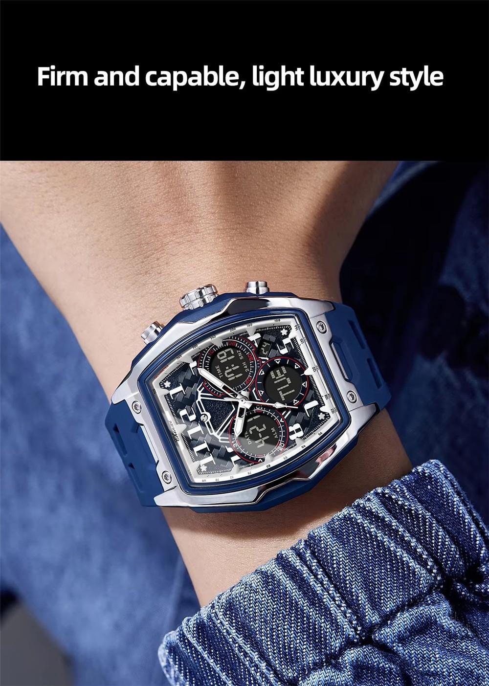 CHENXI Men Rectangle Watches Dual Time Digital Quartz Wristwatch Boy Sport Watch