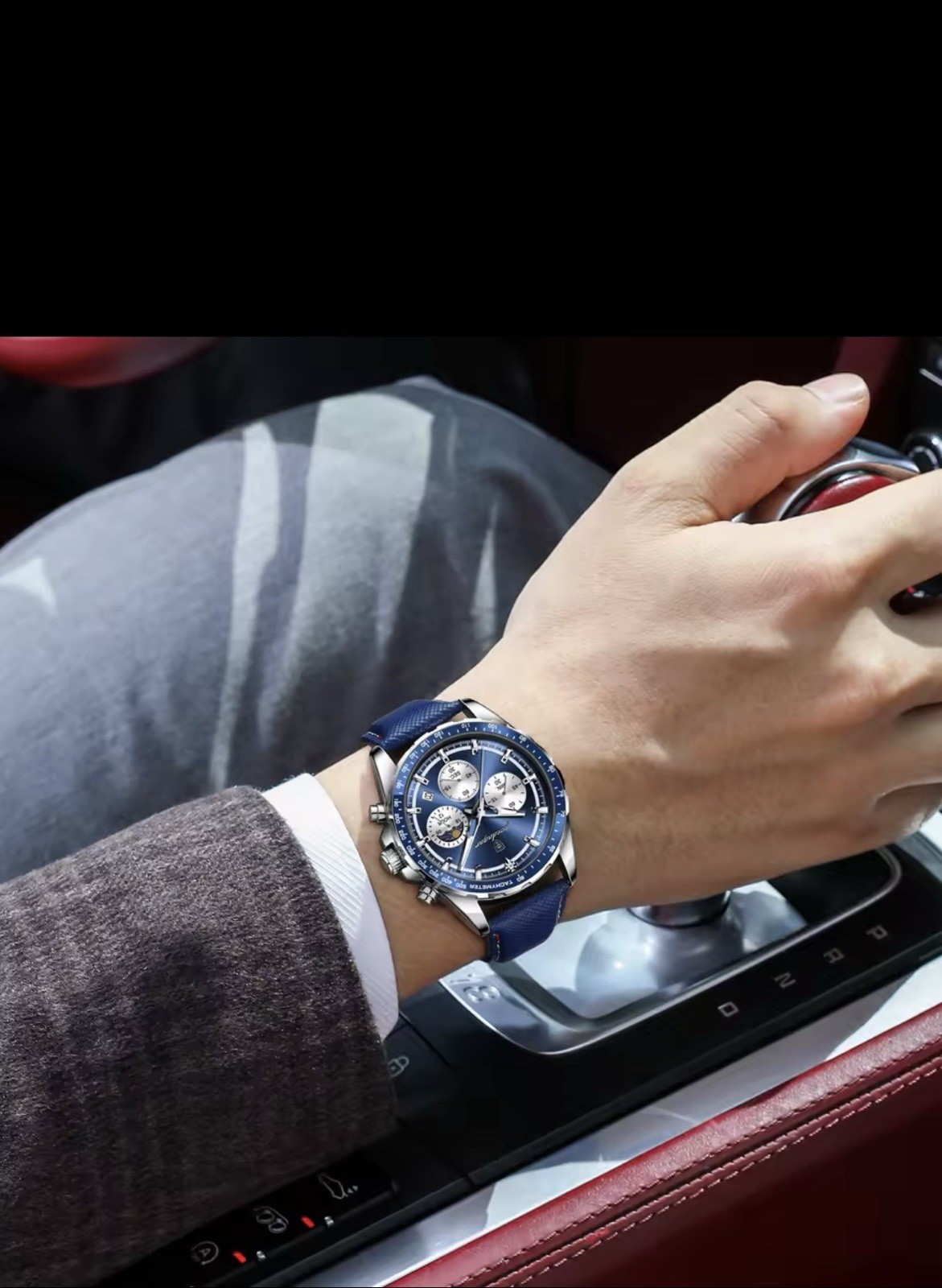 POEDAGAR Men’s Chronograph Quartz Watch Tachymeter 3ATM Blue Dial Leather