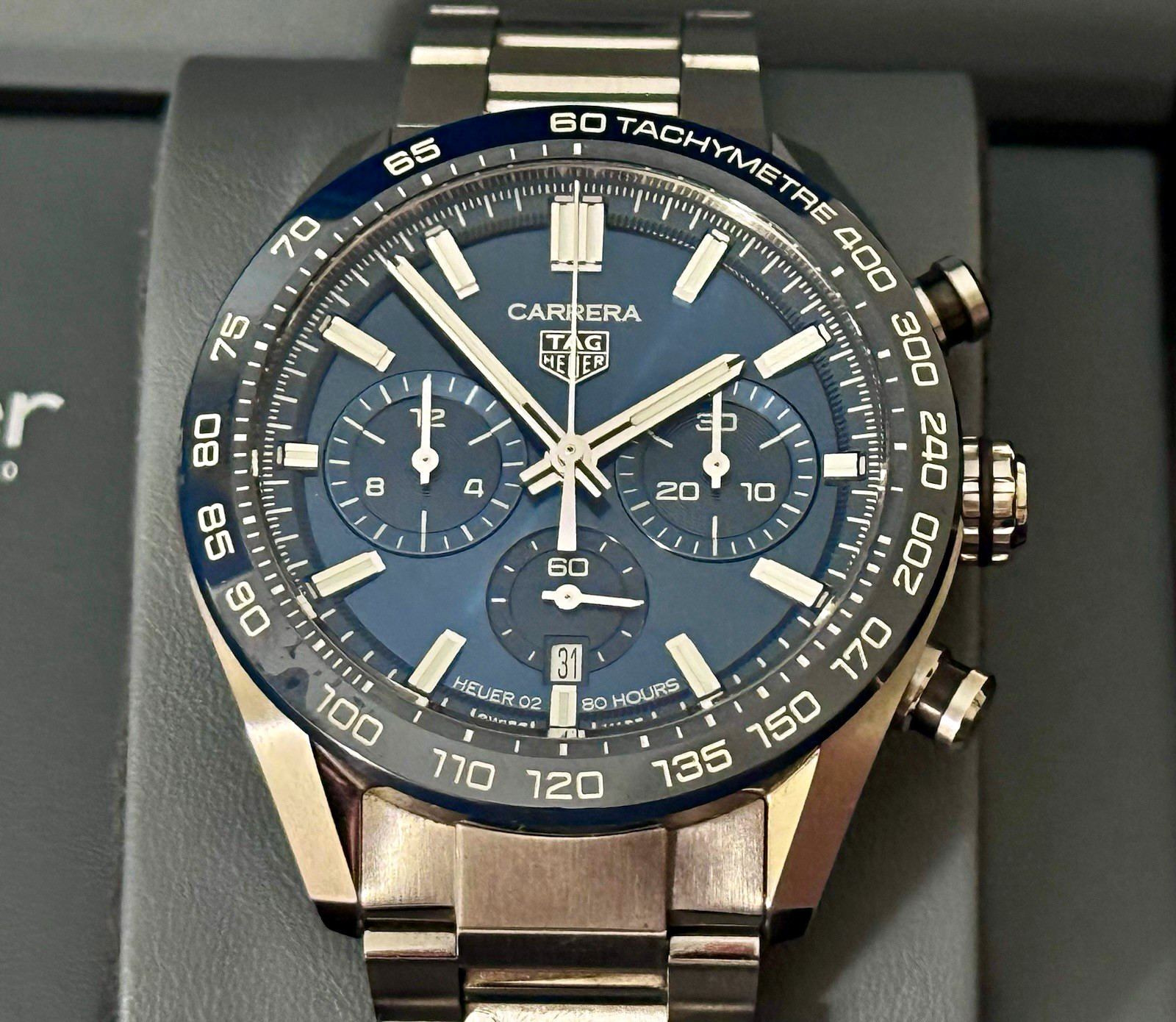 TAG Heuer Carrera Blue Dial Chronograph Tachymeter 44mm Auto Steel Box