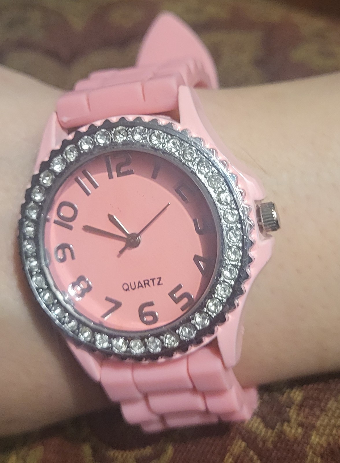 Pink Blingy Watch Rubber Wristband 9.5 in.; 24.5 cm. Used, Scratches In Pix!!