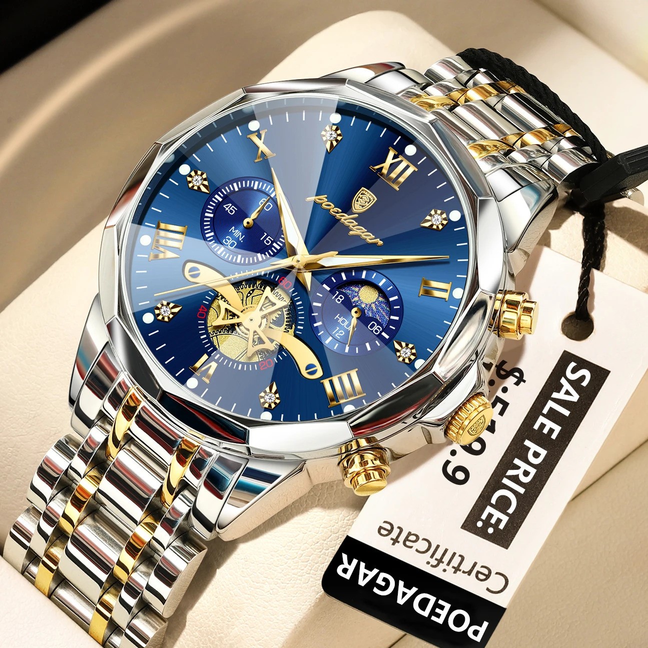 POEDAGAR Mens Quartz Watch Stainless Steel Waterproof Luminous Chronograph