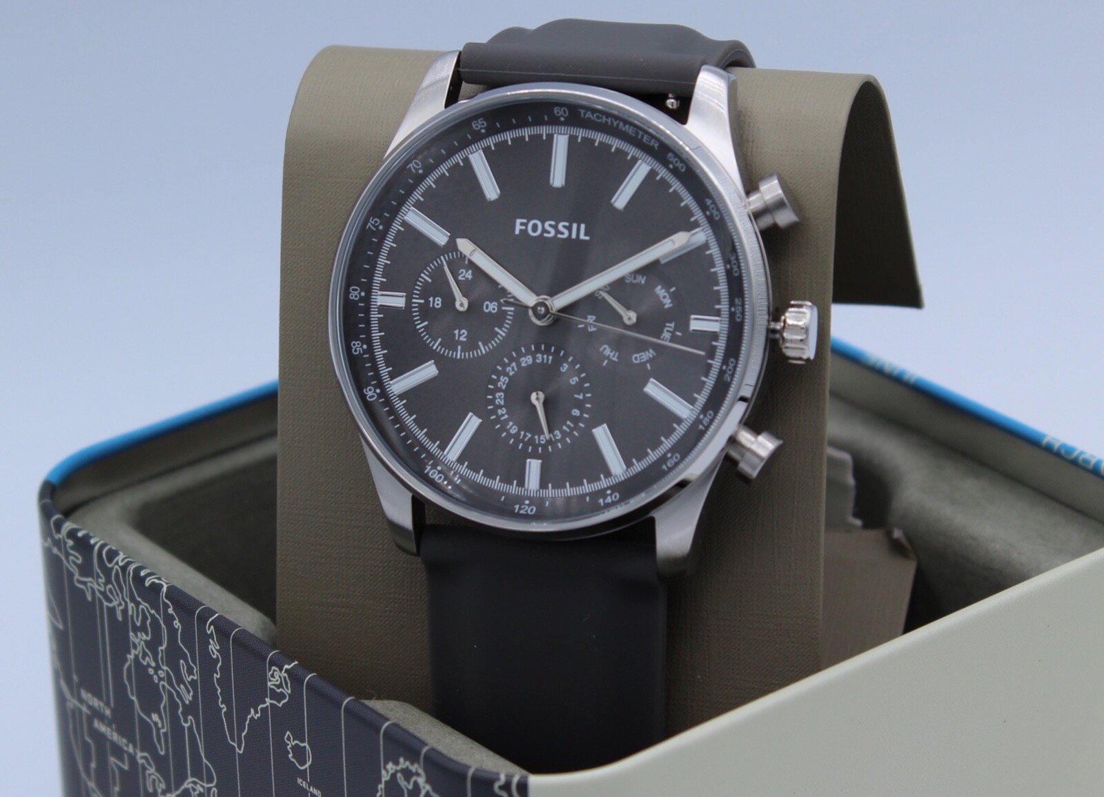 New Authentic Fossil Sullivan Chronograph Silver Gray Silicone BQ2747 Mens Watch