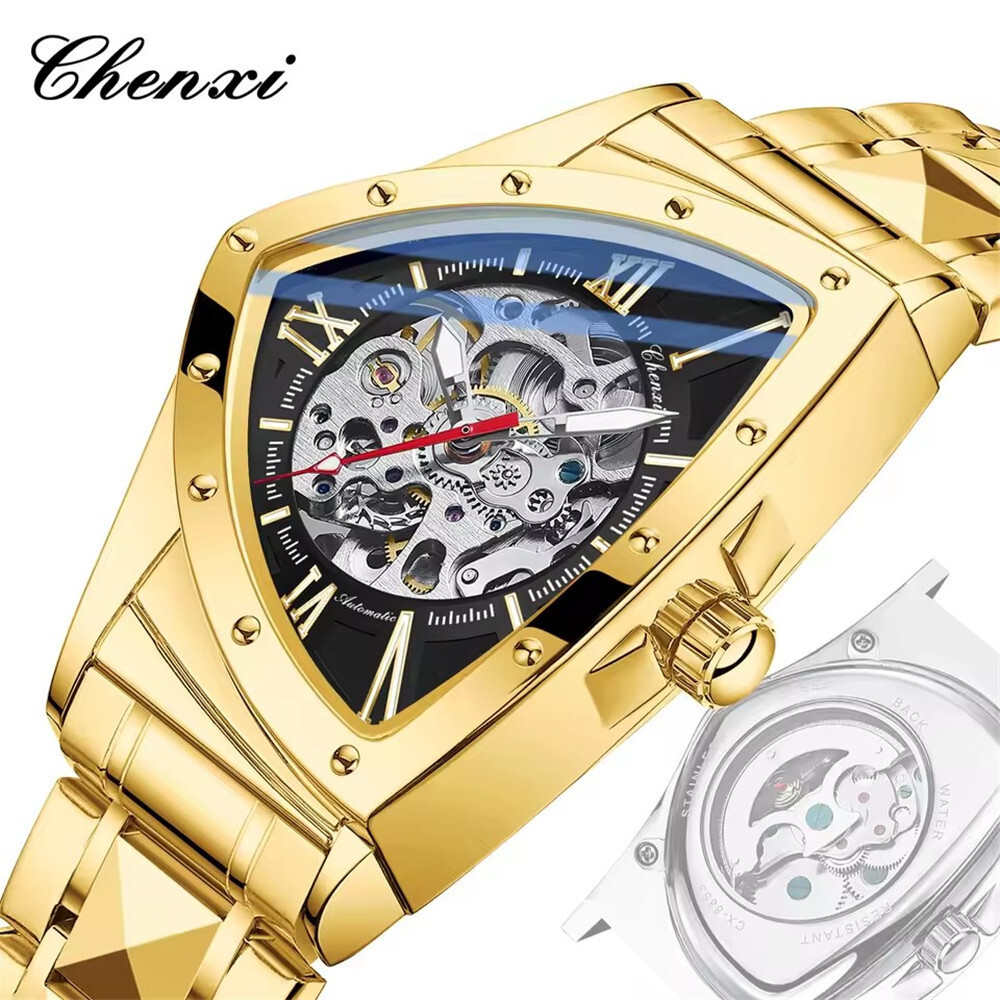 CHENXI Men Automatic Watch Triangle Leather Mechanical Watch for Male Wristwatch