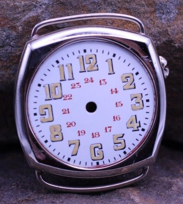 NOS SWISS WW1 MILITARY TRENCH WRIST WATCH CASE & DIAL 33x38mm CASE 24hr (EJ)