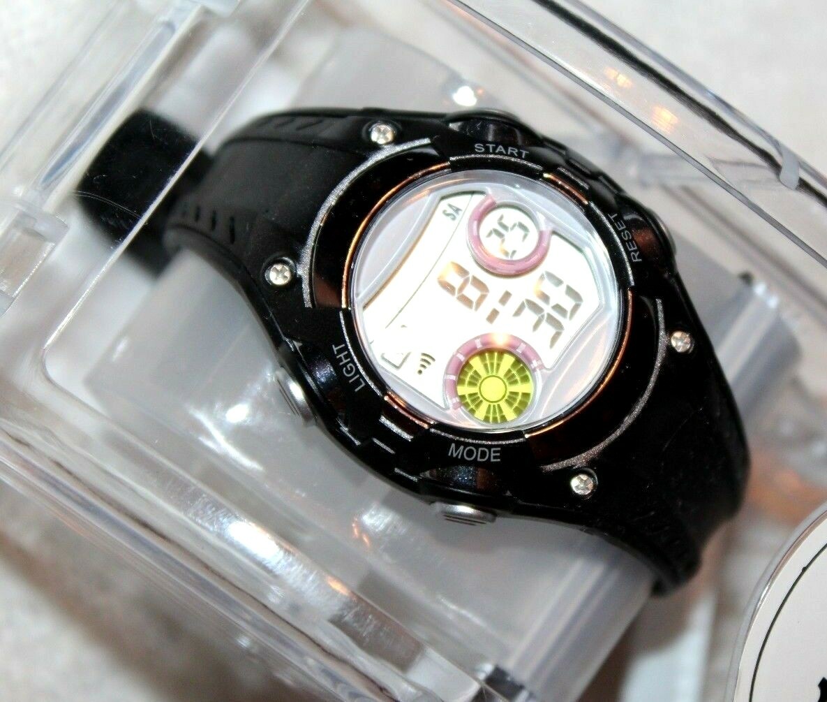 Women’s Black Light Up Digital Display Alarm Stop Watch Casual WristWatch