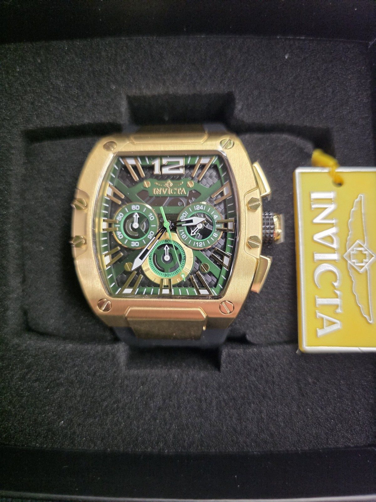 Invicta DNA Men’s Chronograph Quartz Watch Green Dial Gold Case Black Strap Box