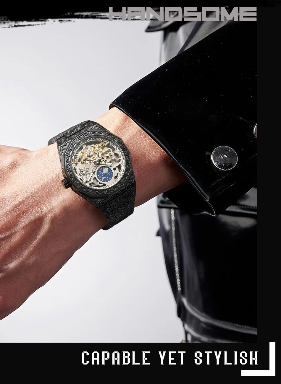 Forsining Skeleton Carved Tourbillon Mechanical Moon Dial Mens Watch waterproof