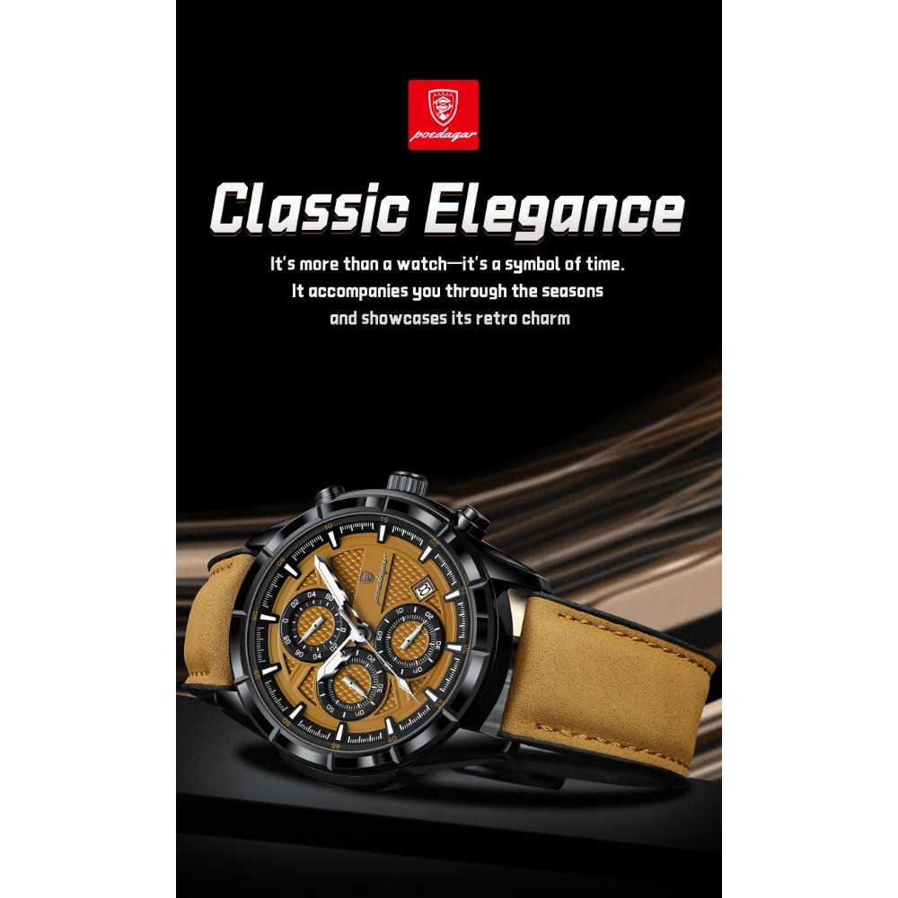 POEDAGAR Fashion Quartz Waterproof Luminous Leather Date Sports Men’s Watch