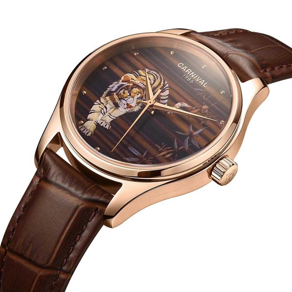 Men’s Automatic Mechanical Watches Tiger Sapphire Grass Leather Strap Waterproof
