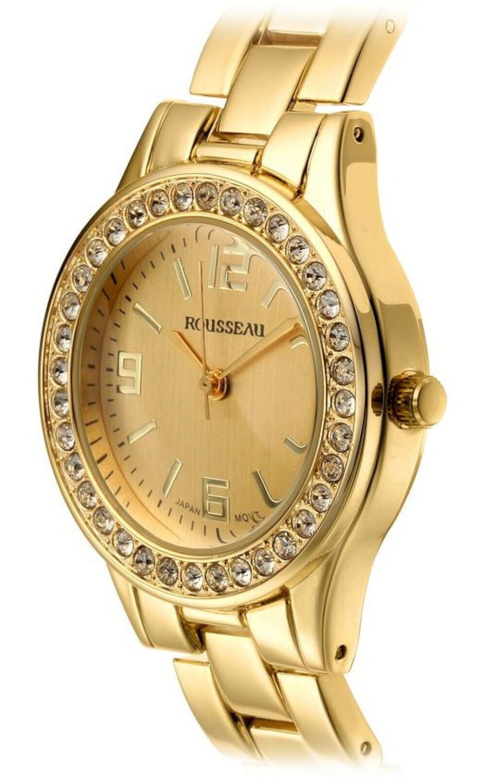 NEW Rousseau 9056 Rene Swarovski Bezel Yellow Gold Tone Bracelet Watch