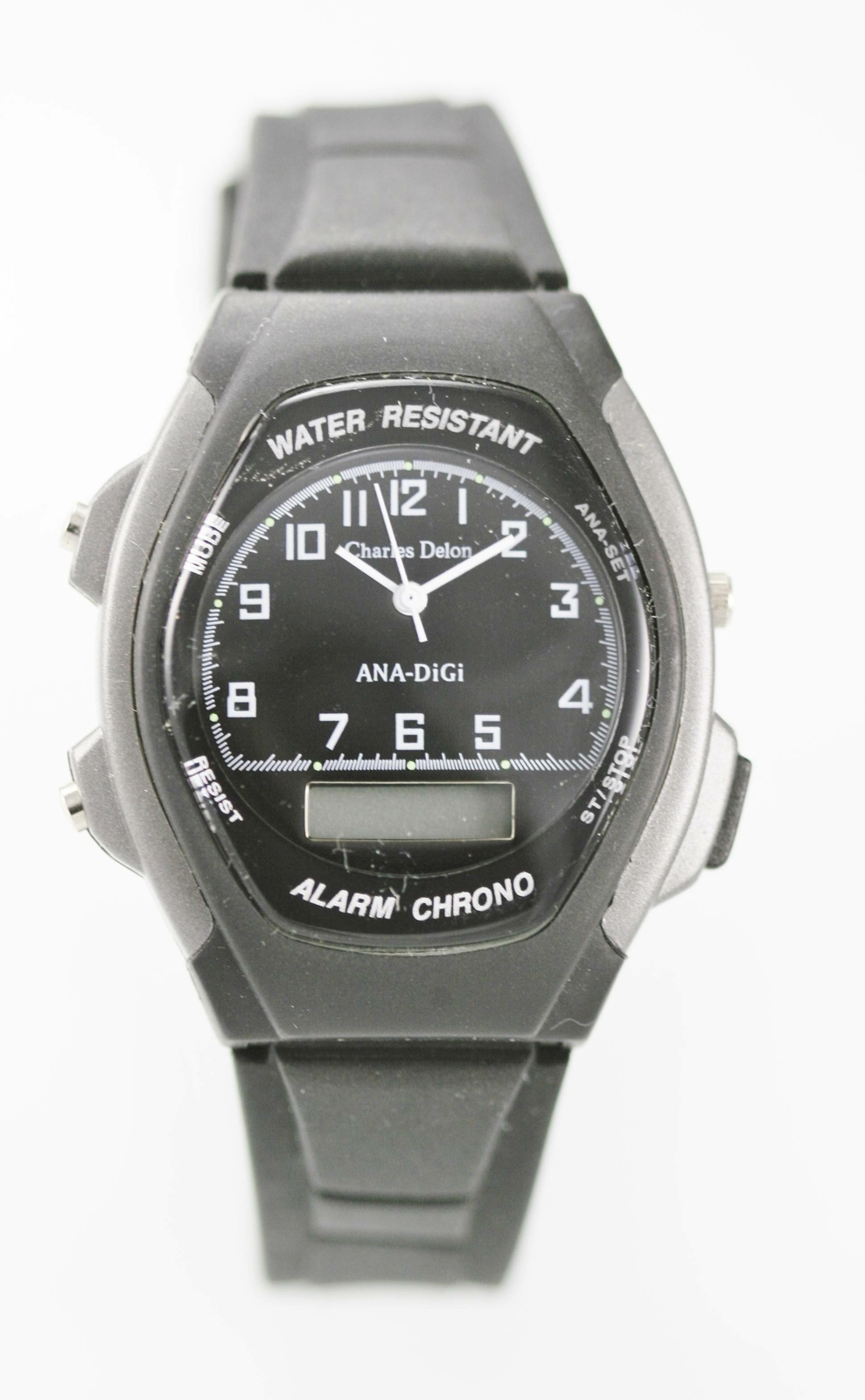 Charles Delon Ana-Digital Date Day Men’s Black Grey Rubber Battery Quartz Watch