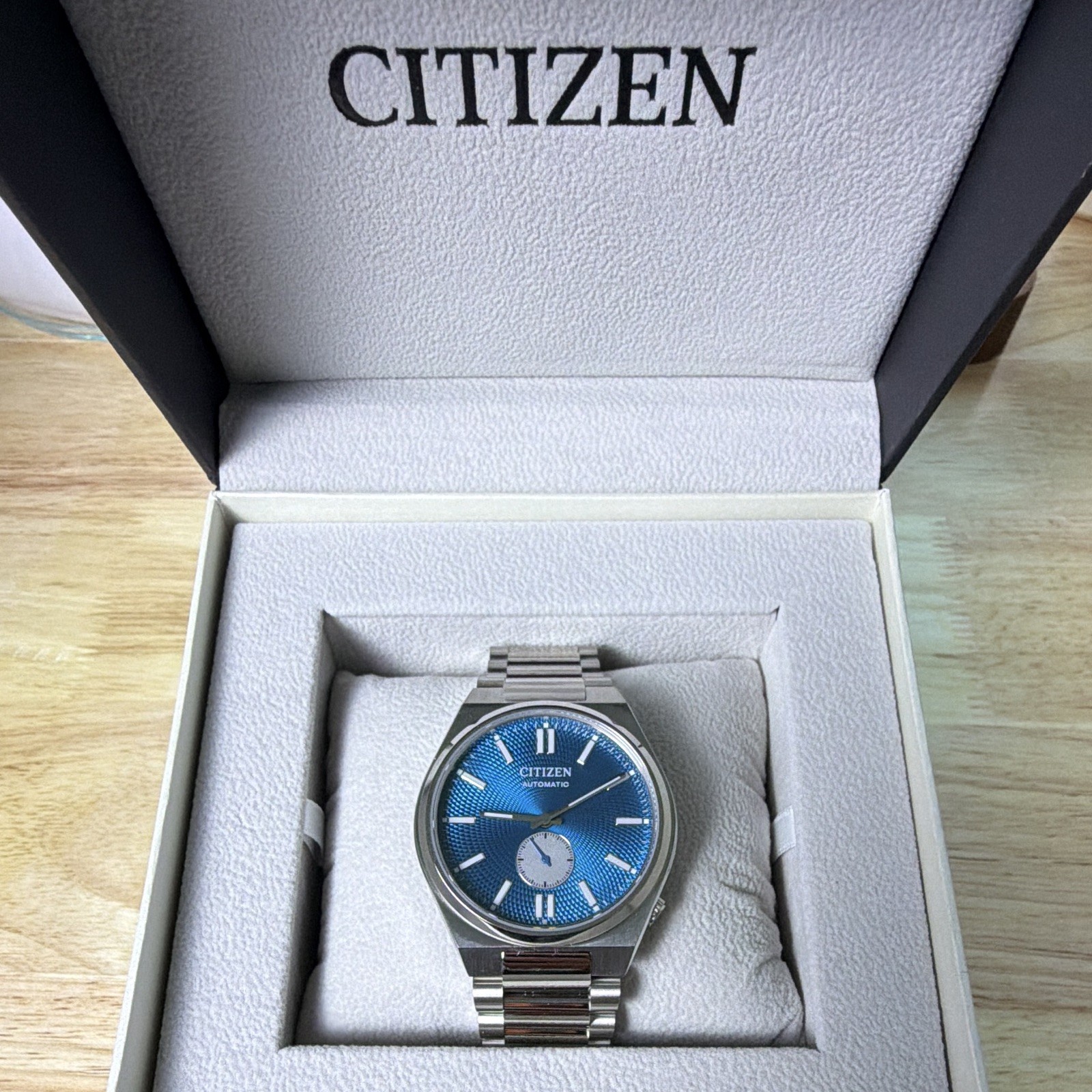 Citizen Automatic Blue Textured Dial 40mm Steel Bracelet 50m Small Sec w/ Box