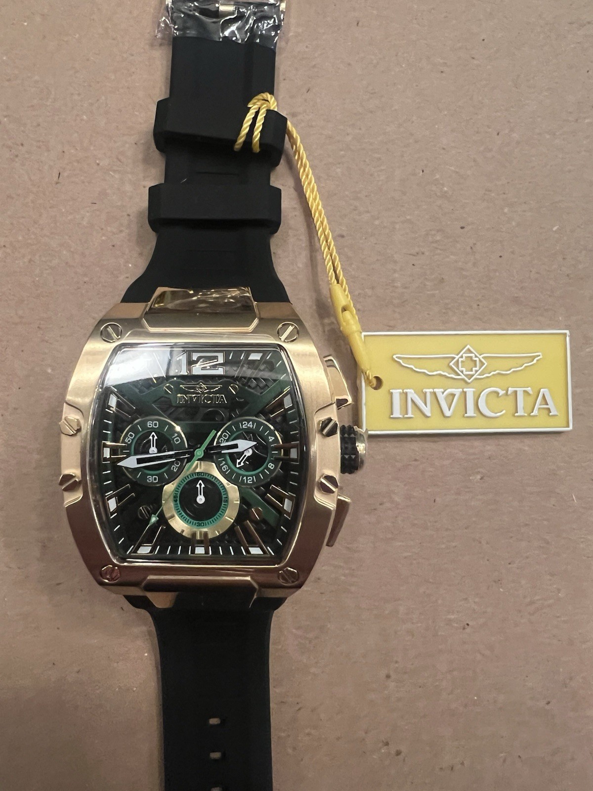 Invicta Racing 48468 Men’s Chronograph Green Skeleton Dial Gold Tone Watch New