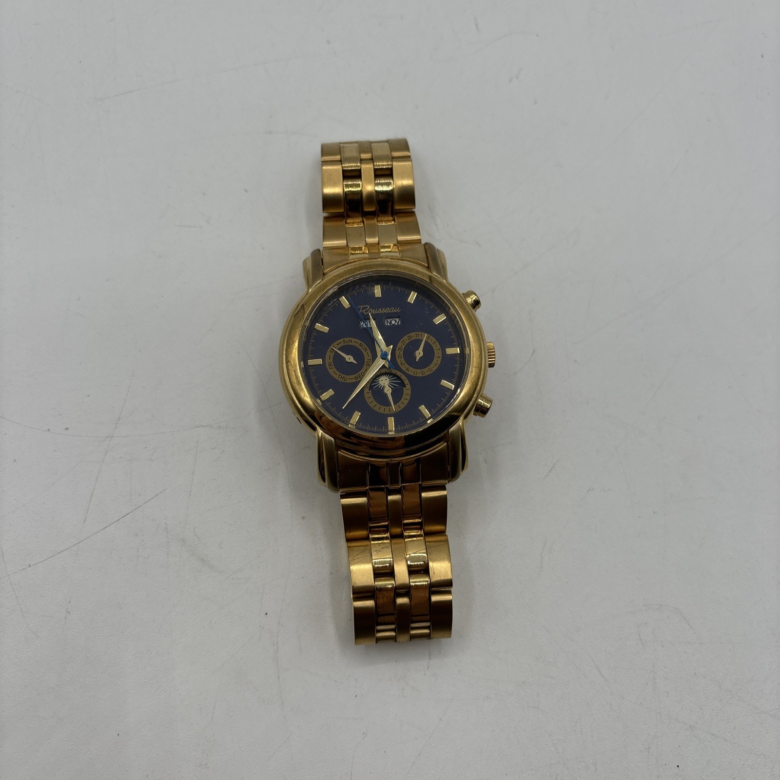 Rousseau R183-809 Gold Stainless Steel Automatic Dress Watch Blue Dial 3 ATM