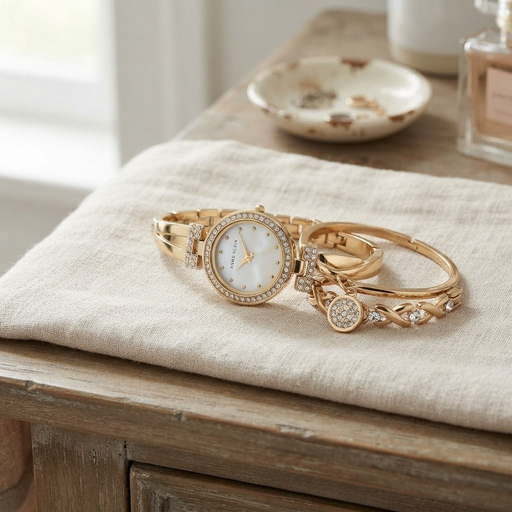 Stunning Gold Bangle Watch with Matching Crystal Bracelets – Fashion Essential