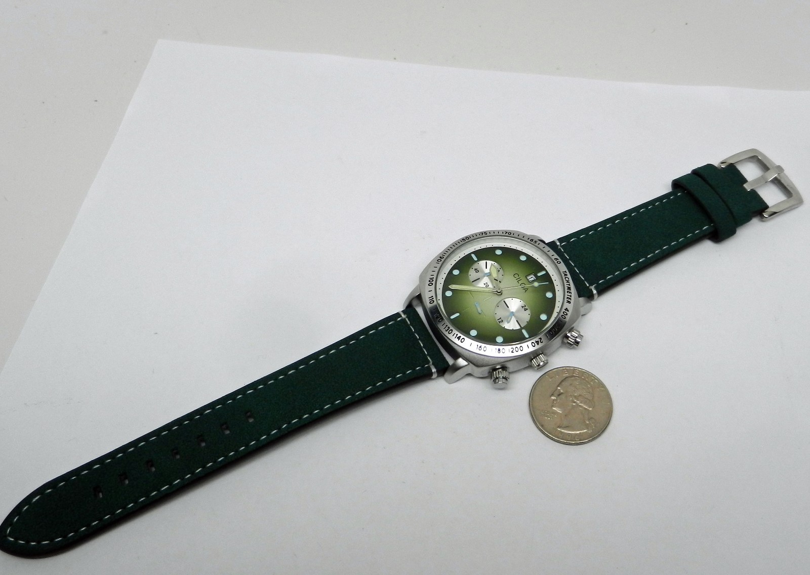 Men’s 45mm Green Chronograph Date Dial Hull Style Stainless W/ Leather Watch