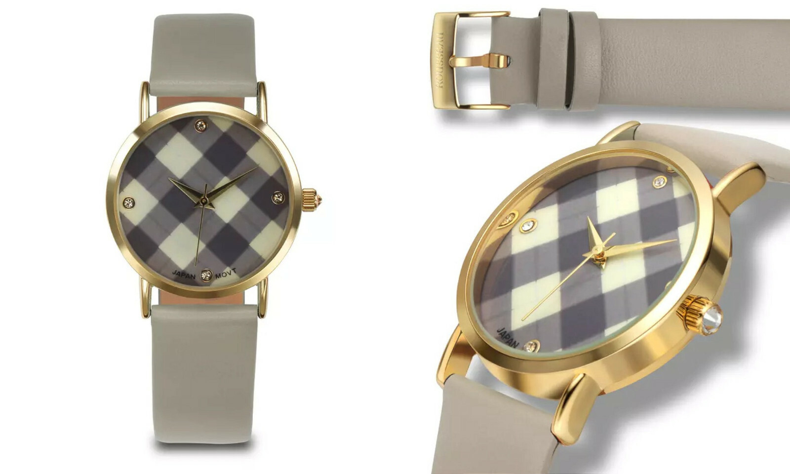 NEW Rousseau 9913 Women’s Medley Plaid Print Diamond Dial Beige Strap Watch