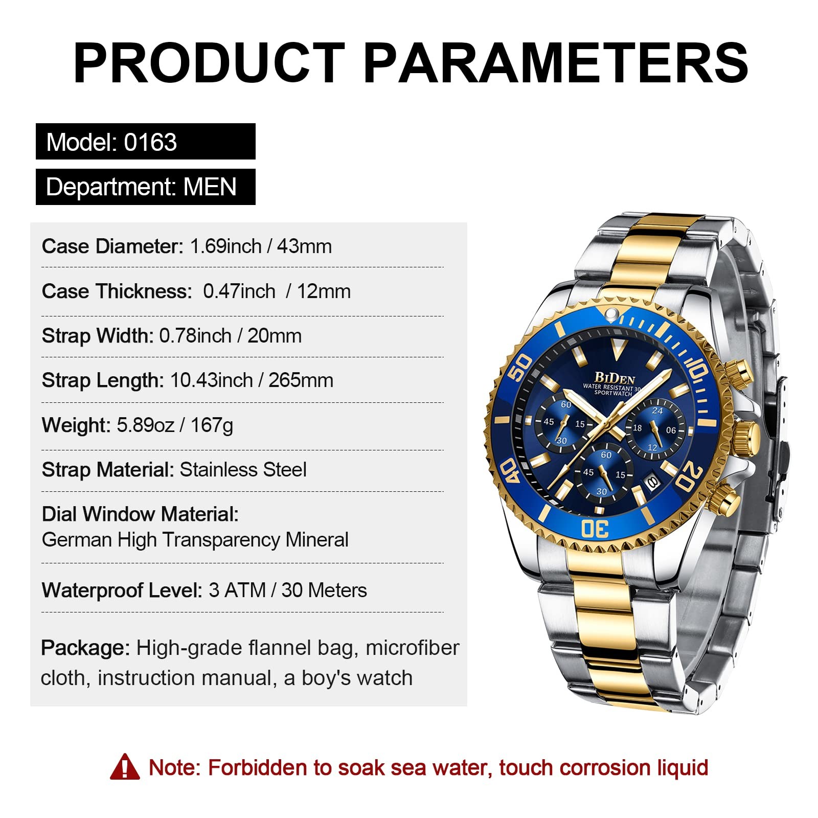 BIDEN Mens Watches Chronograph Gold Blue Stainless Steel Waterproof Date Anal…