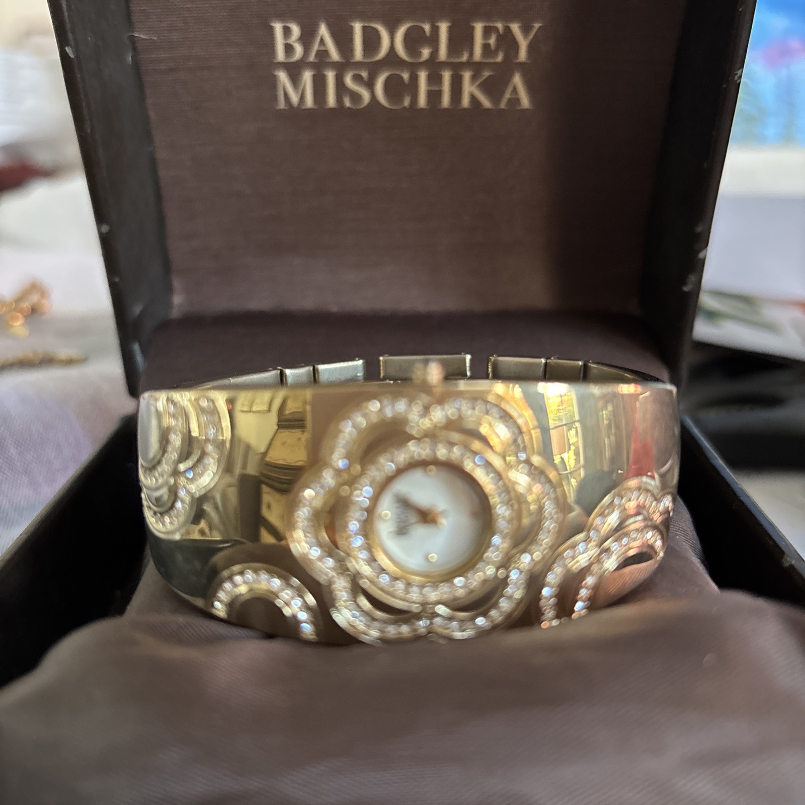 Badgley Mischka Ladies’ Gold Toned MOP Dial Swarovski Crystal Bangle BA/1104
