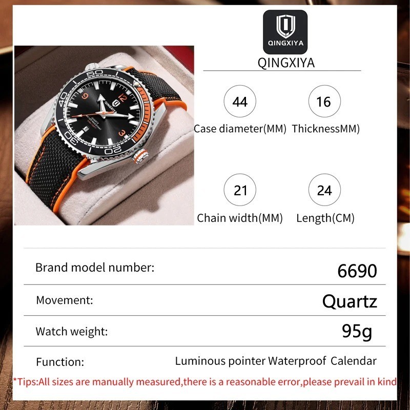 44MM QINGXIYA Quartz Diver Men’s Watch Nylon 30M Waterproof Date Luminous NEW
