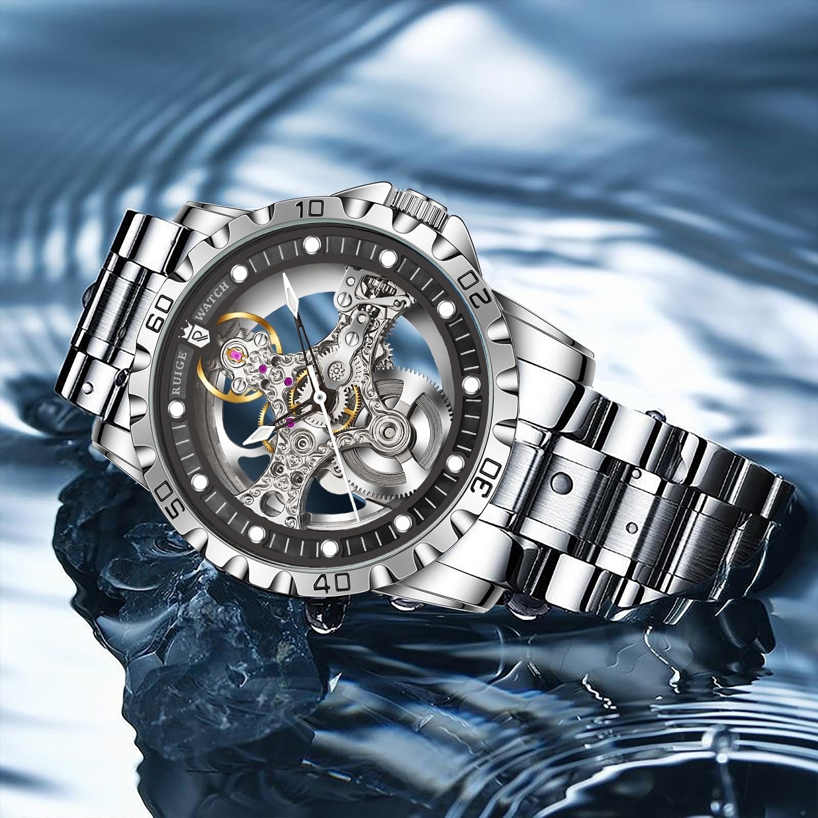 RUIGE Men’s Skeleton Automatic Mechanical Watch, 30M Waterproof, 43MM