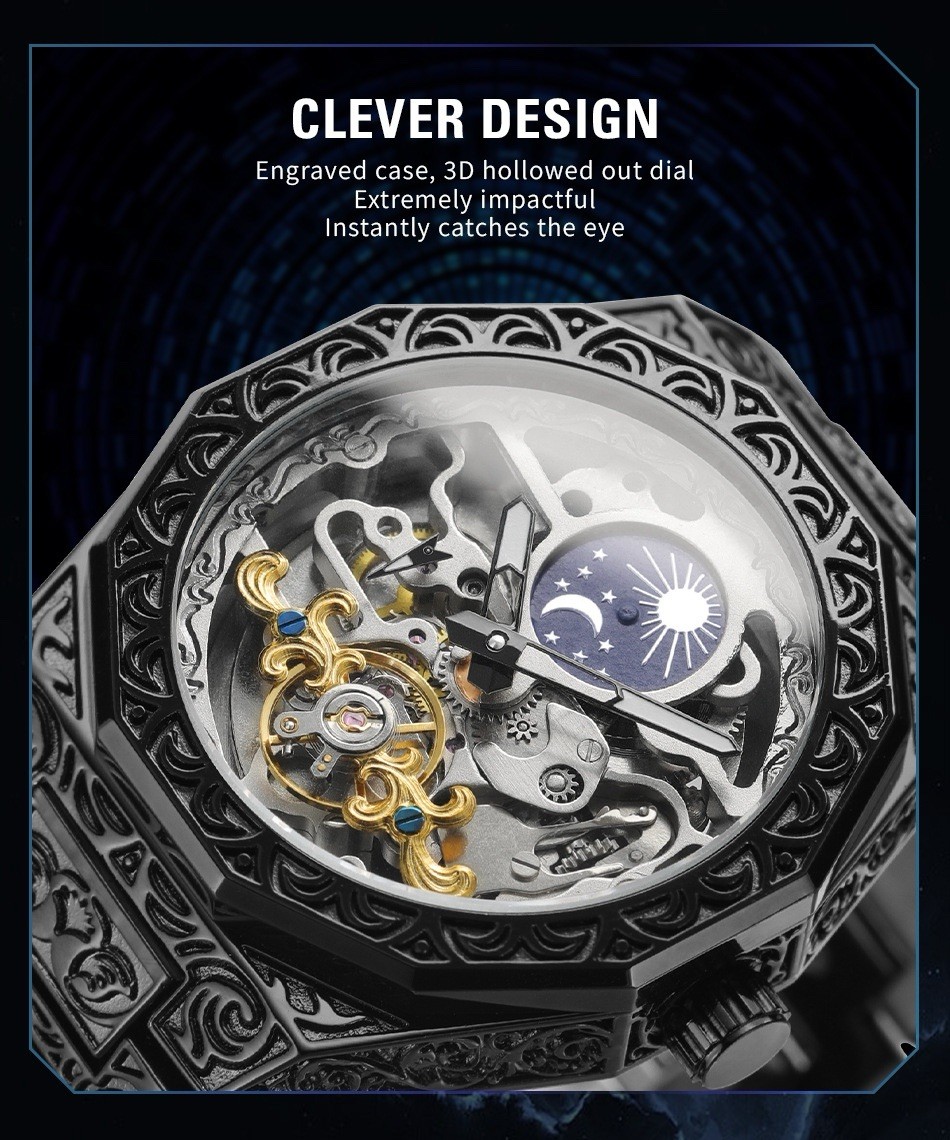 Forsining Skeleton Carved Tourbillon Mechanical Moon Dial Mens Watch waterproof