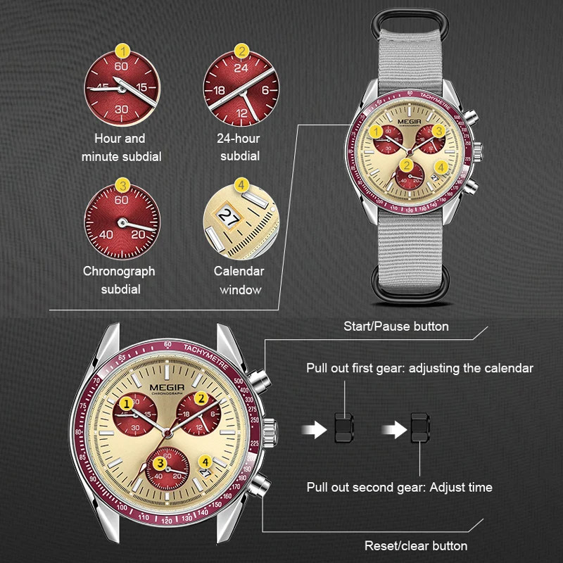 MEGIR New Luxury Men’s Watches Canvas Weaving Strap Sport Automatic Chronograph