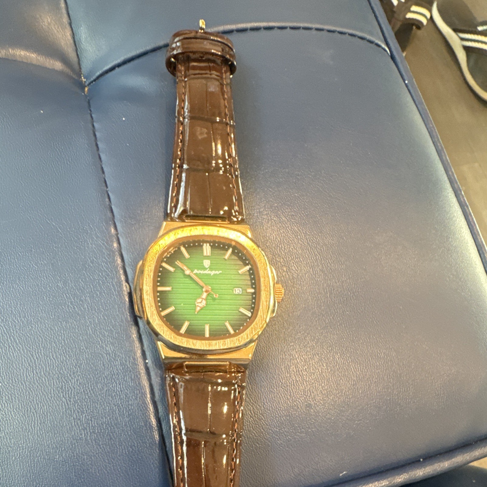 Prodiger 613B Quartz Wristwatch Green Dial Gold Case Brown Leather Date 30m