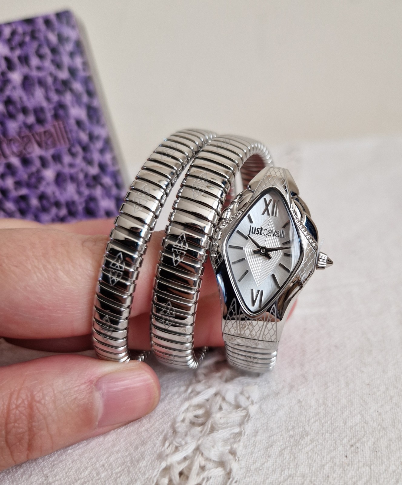 Just Cavalli Women Cristallo Silver Snake Watch Brand New With Box