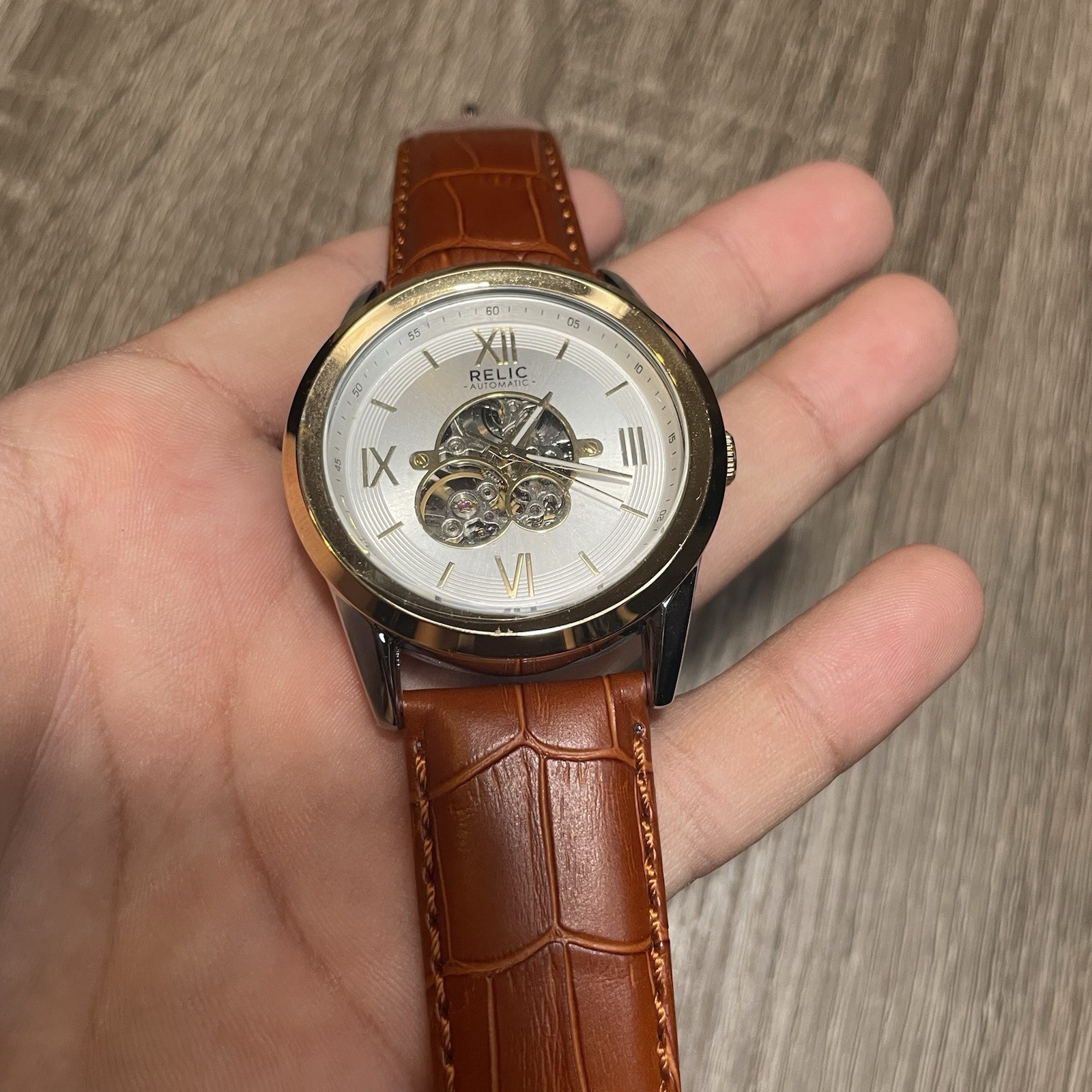 Relic Automatic Skeleton Dial Watch 42mm 50m Silver Dial Brown Leather Strap