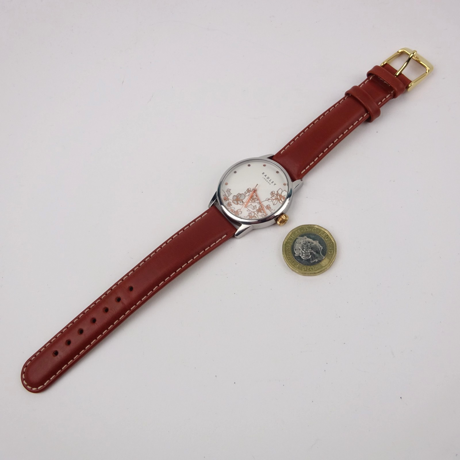 Radley Ladies Floral Watch RY4347 Rose Gold Plated Brown Leather Strap