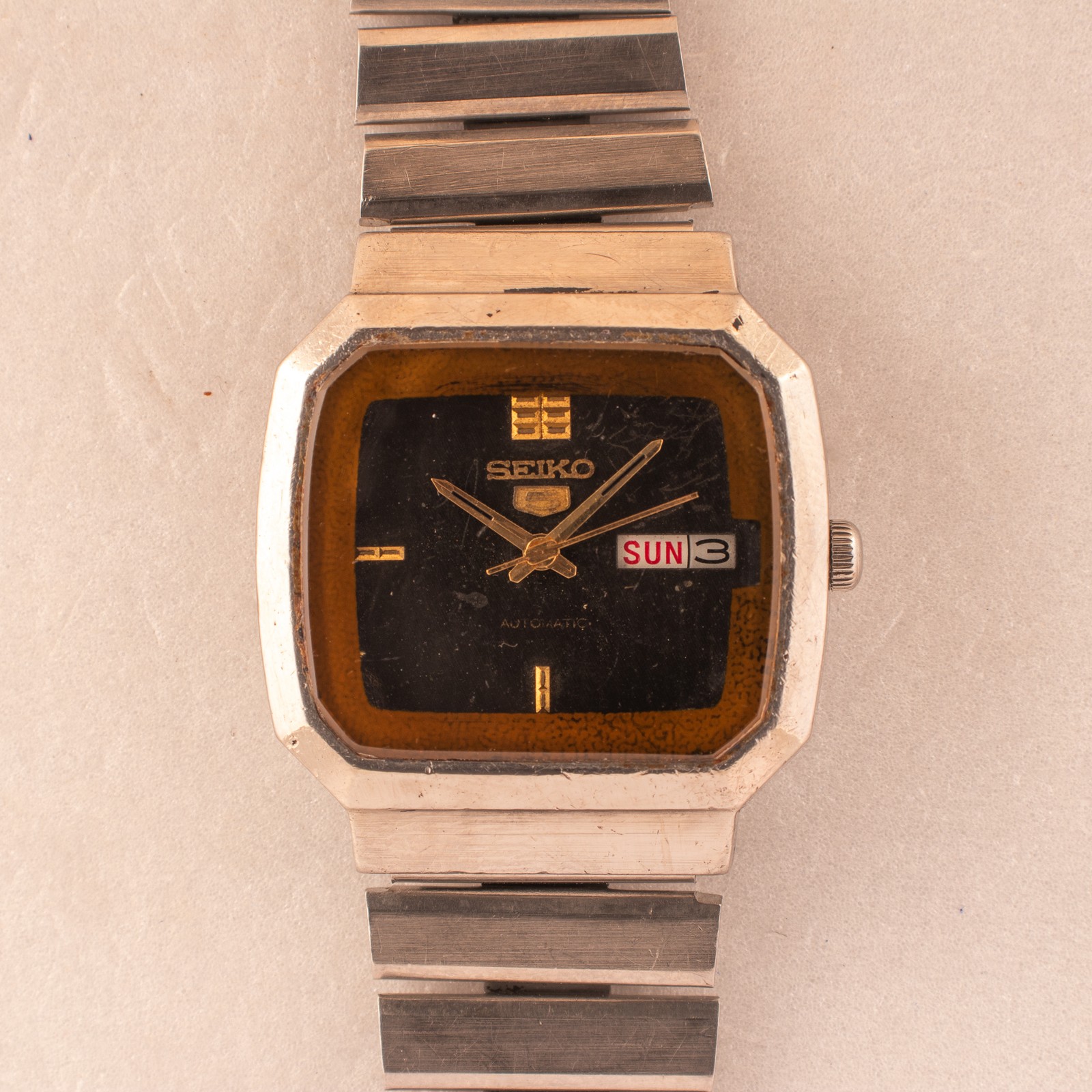 Vintage Seiko 5 Auto 6309-525J Unique Geometric Design Black Dial 1980 Men Watch