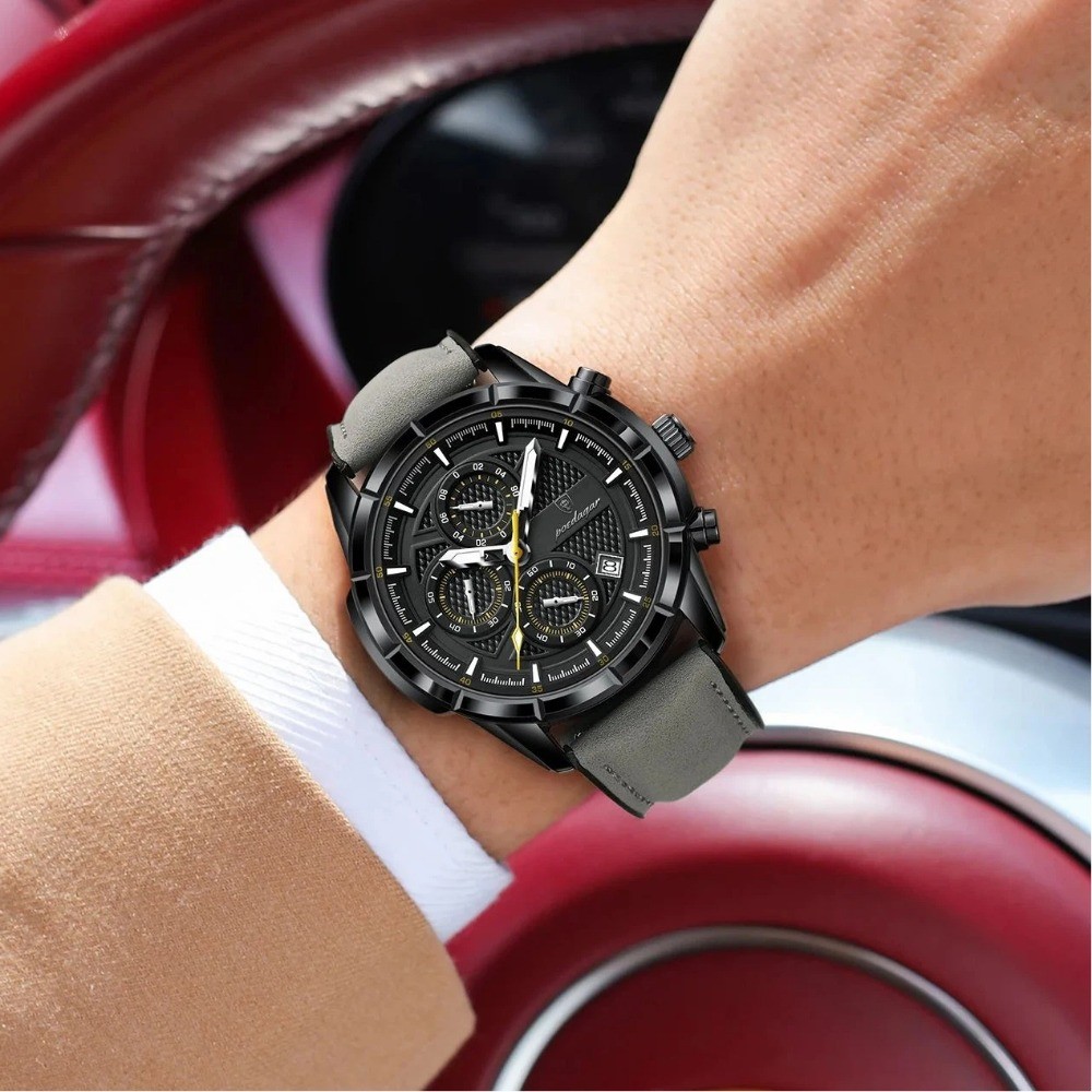 POEDAGAR Fashion Quartz Waterproof Luminous Leather Date Sports Men’s Watch