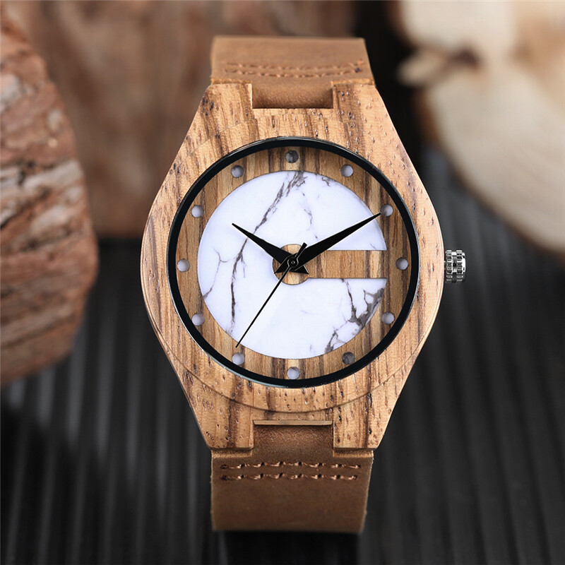 Men’s Marble/Jade Green Dots Display Quartz Wood Watches Genuine Leather Watch