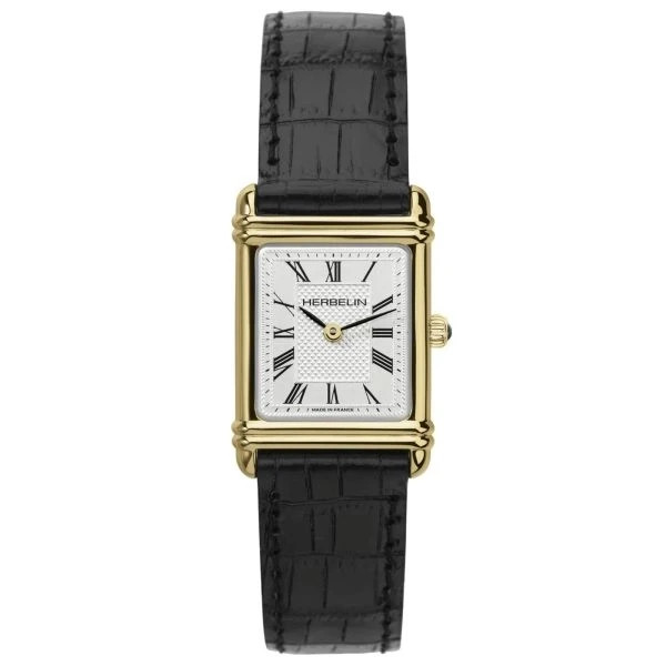 Herbelin Art Deco 17478P08 women’s Black Leather Straps Silver Dial Watch 20.3mm