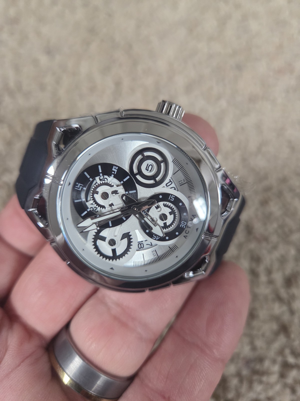 Activa Quartz Analog Skeleton Dial 48mm Silver Case Black Silicone 3ATM Date