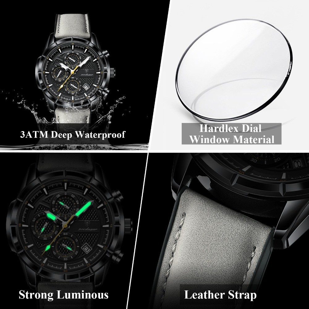 POEDAGAR Fashion Quartz Waterproof Luminous Leather Date Sports Men’s Watch