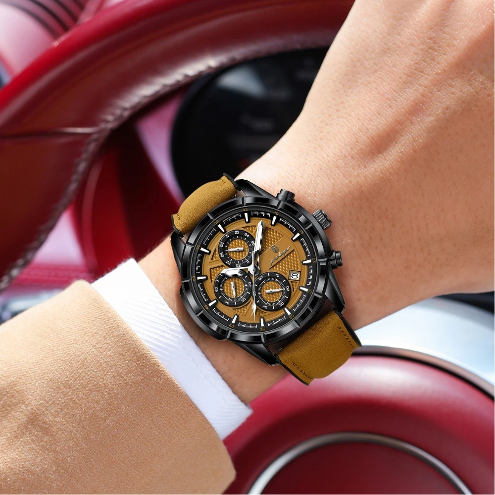 POEDAGAR Fashion Quartz Waterproof Luminous Leather Date Sports Men’s Watch