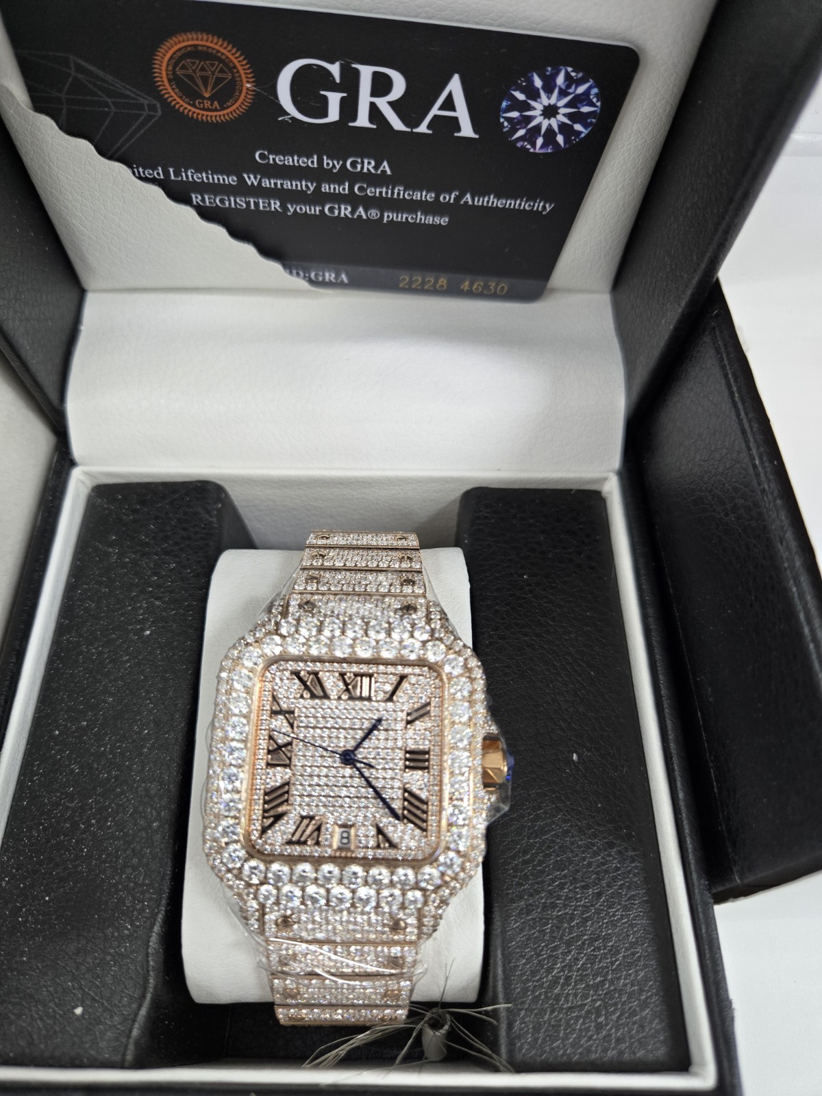 Moissanite Watch, St.Steel Case & Band Full Rose G Color Buckle,Brand New w/Box