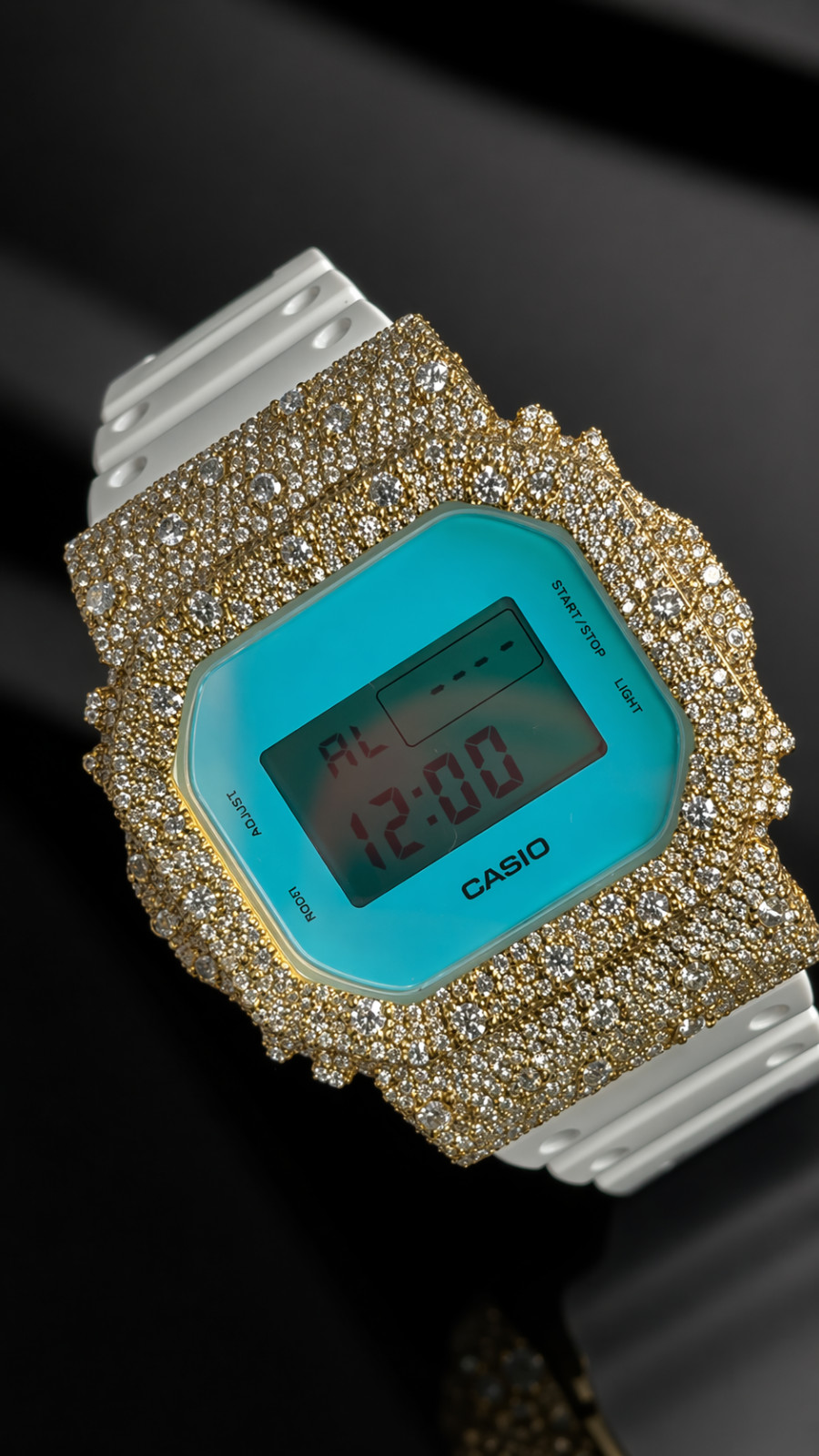 Custom Moissanite G-Shock DW-5600 Watch Yellow Bezel Blue Face White band