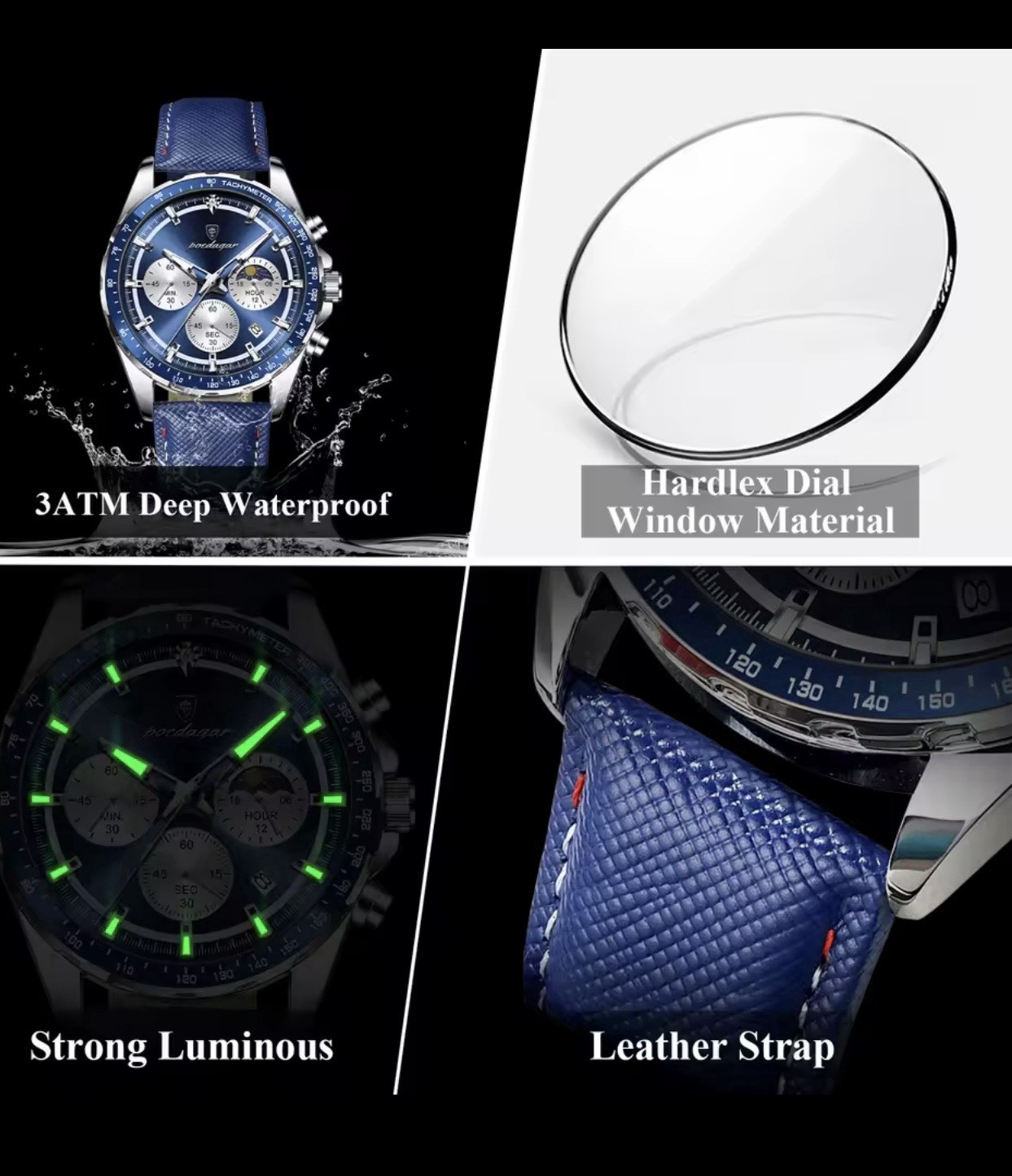 POEDAGAR Men’s Chronograph Quartz Watch Tachymeter 3ATM Blue Dial Leather