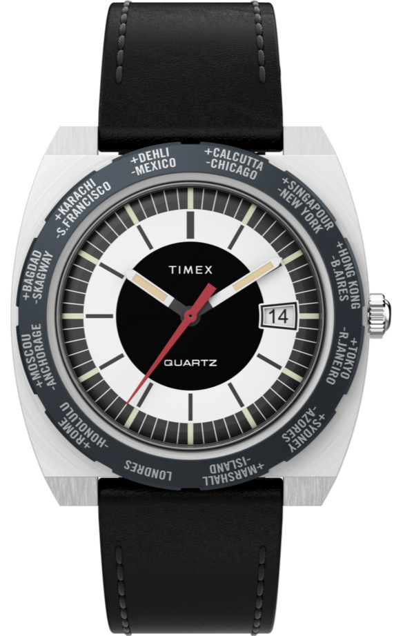 Timex World Time Reissue 39mm Leather Strap Black Dial Quartz Watch TW2V69500