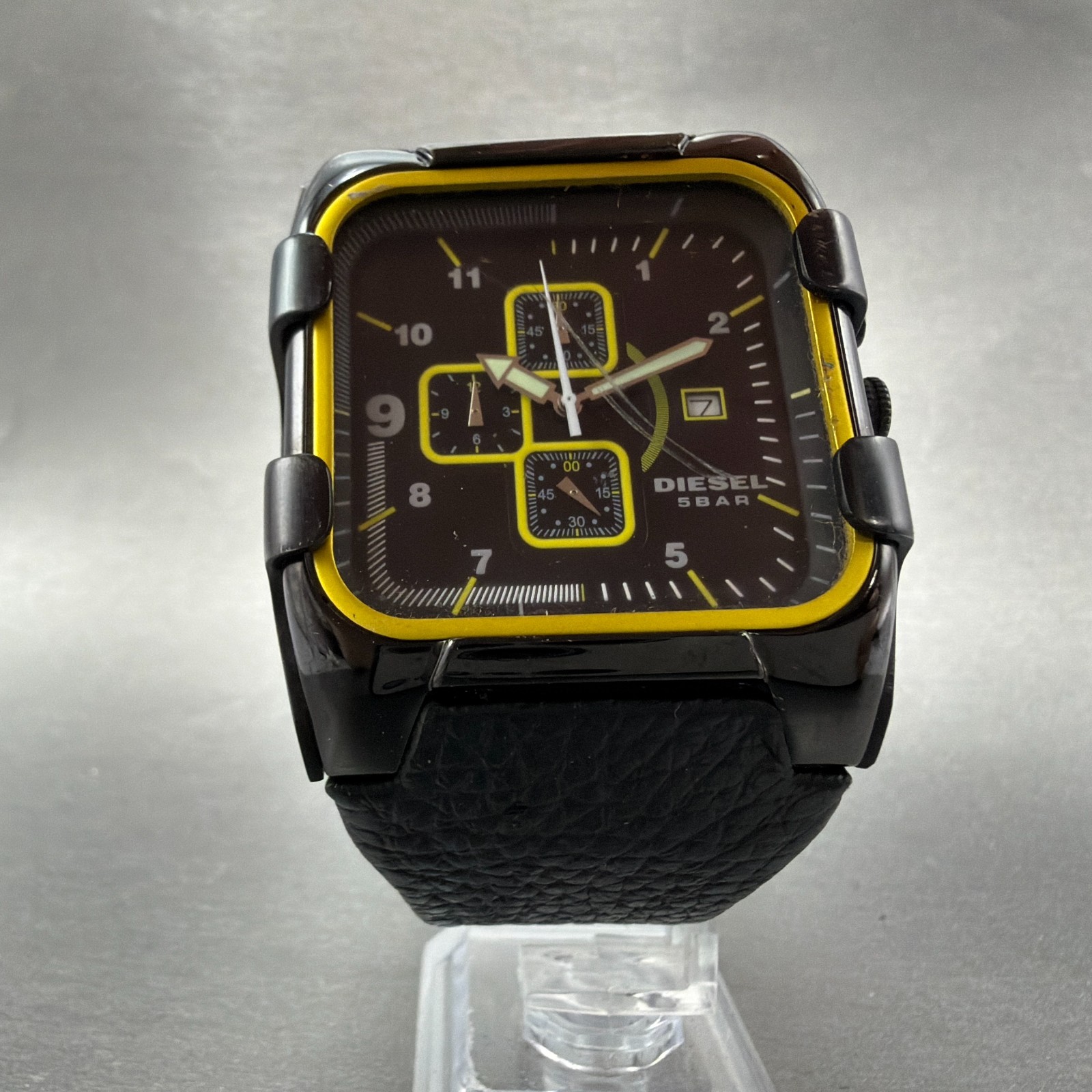 Diesel Chronograph Watch Men 44mm Black Dial Black Yellow Date Rectangle Newbat
