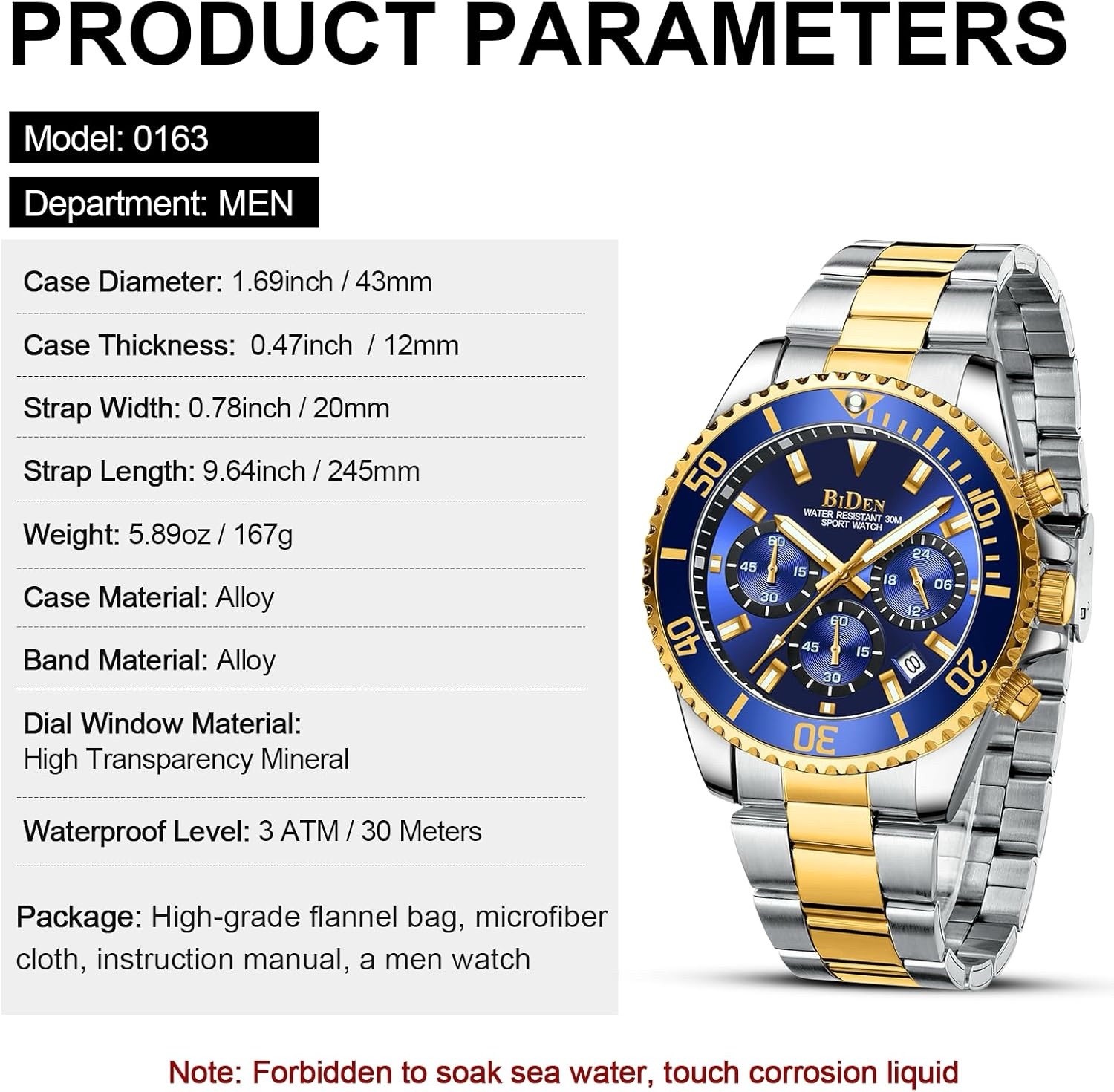 BIDEN Mens Watch Chronograph Stainless Steel Waterproof Date Quartz Gold / Blue