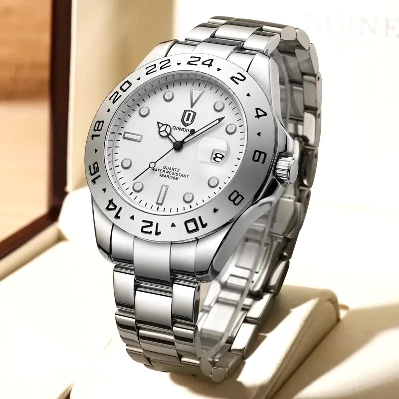43MM QINGXIYA Quartz Men’s Luxury Watch Stainless 30M Waterproof Luminous Analog