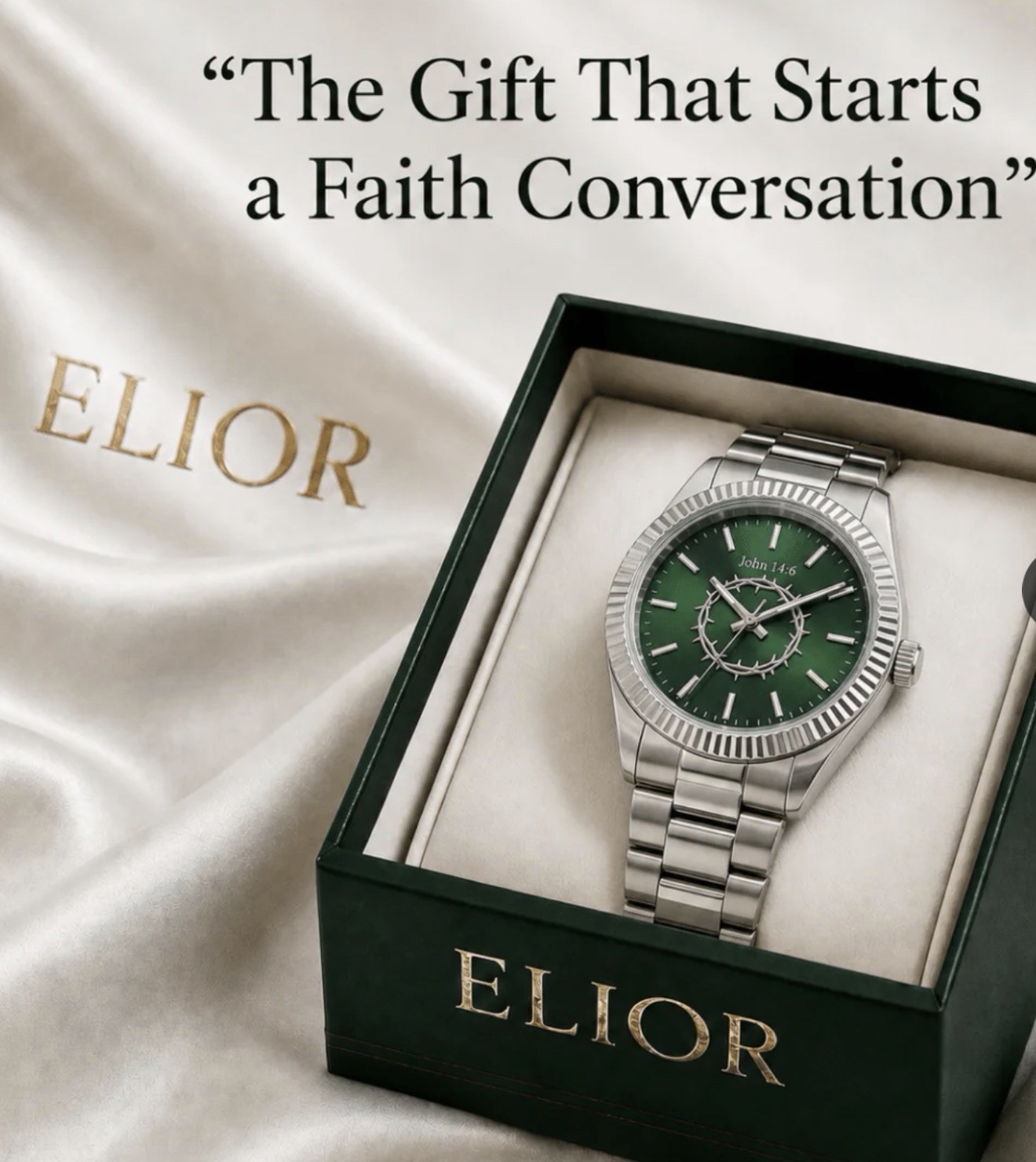 ELIOR John 14:6 Men’s Green Dial Quartz SS Bracelet 40.3mm 30m w/ Box