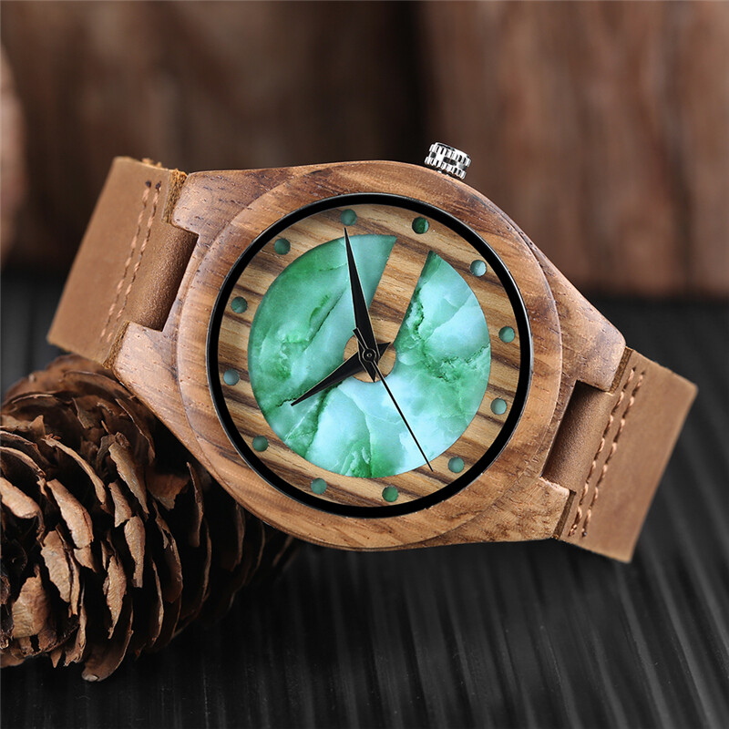 Men’s Marble/Jade Green Dots Display Quartz Wood Watches Genuine Leather Watch