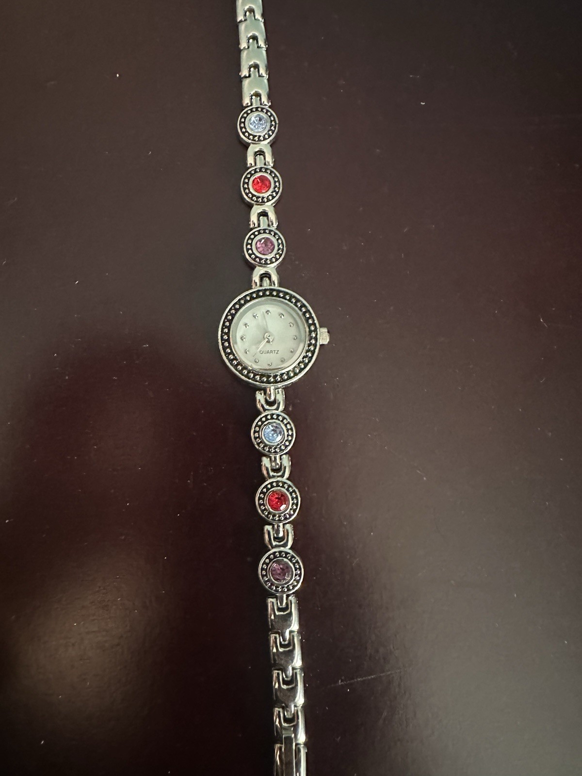 Women’s Quartz Silver-Tone Metal Bracelet Watch White Dial Multicolor Stones