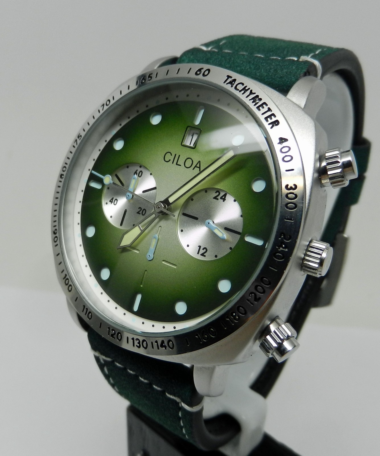 Men’s 45mm Green Chronograph Date Dial Hull Style Stainless W/ Leather Watch
